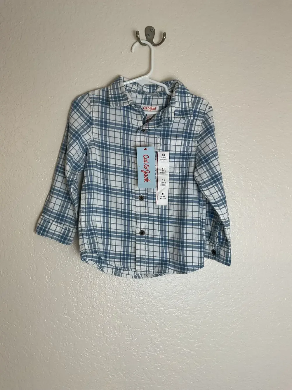 NWT Cat & Jack Boys 3T Blue White Plaid Button Front Shirt Long Sleeve Cotton